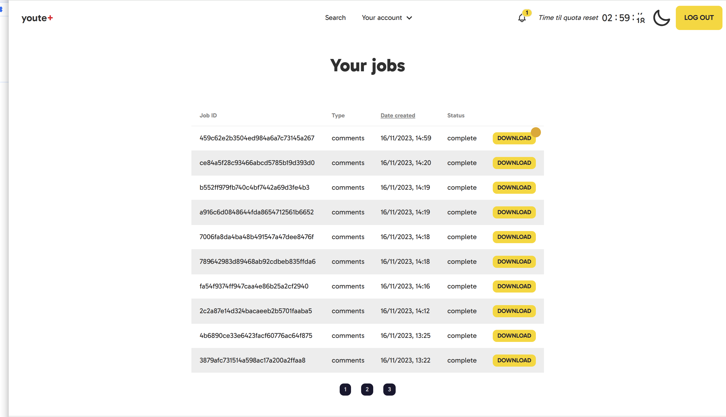 screenshot of My jobs page